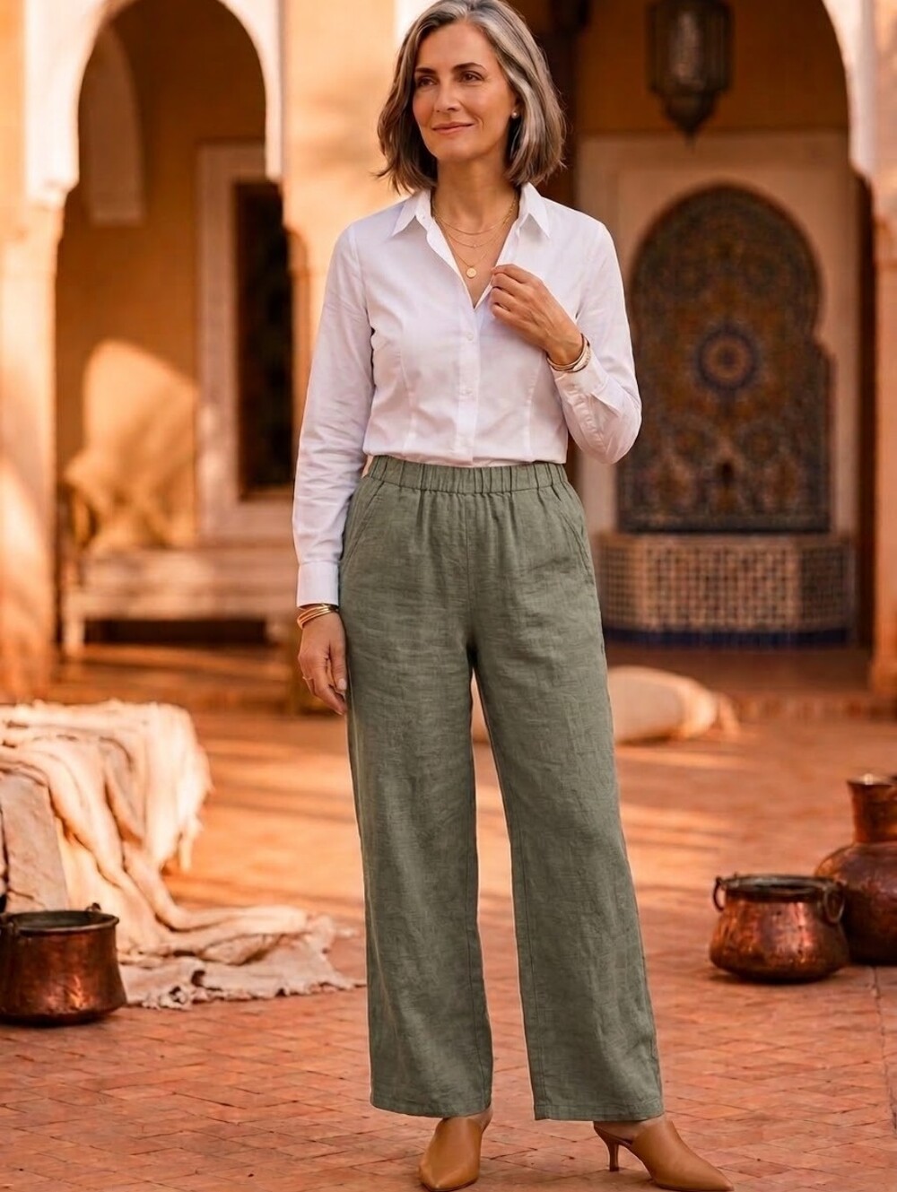 CP Shades Wide Leg Linen/Rayon Pants Washed Heather Olive Green Boho Pull On